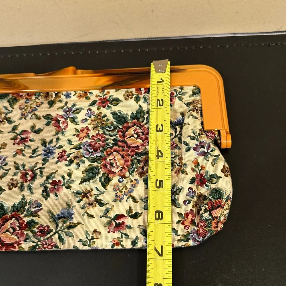 Vintage Floral Tapestry Clutch Amber Faux Tortoiseshell Frame Kiss Lock Bag